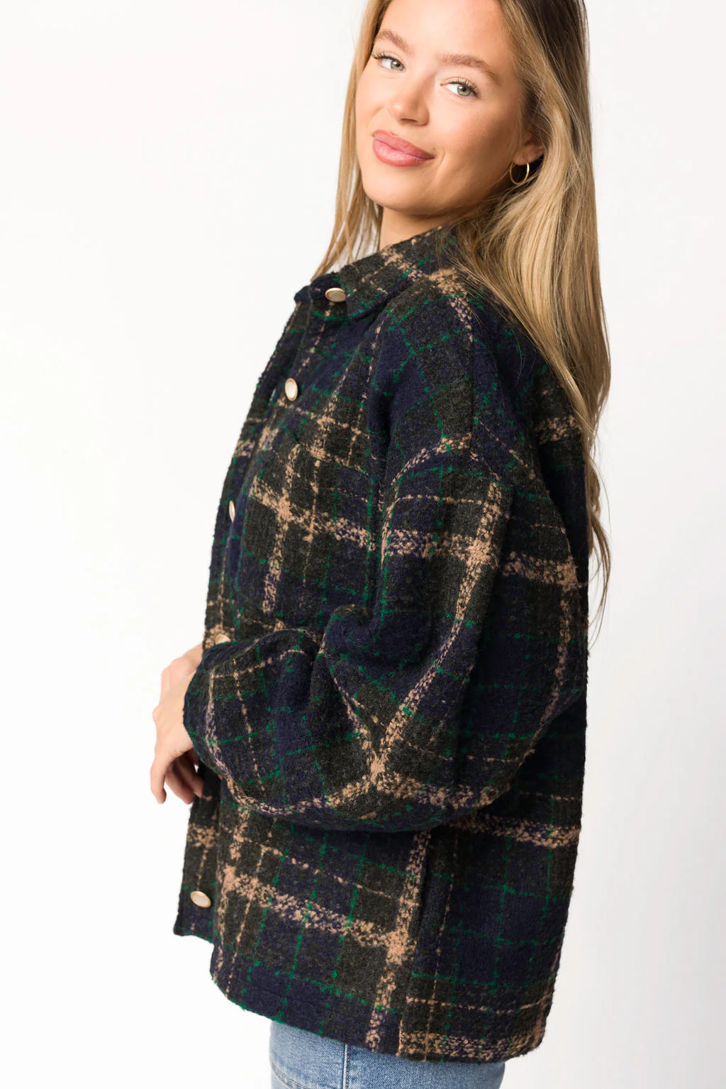 Lucille Boucle Plaid Puff Sleeve Jacket in Navy/Taupe - Directfux