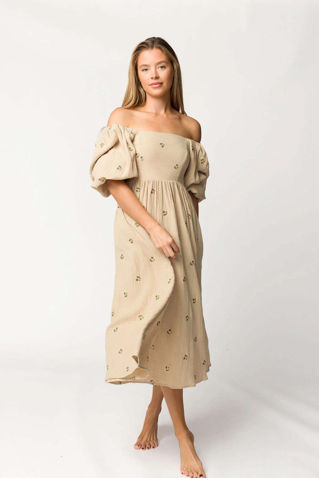 Natalie Embroidered Floral Midi Dress in Taupe - Directfux