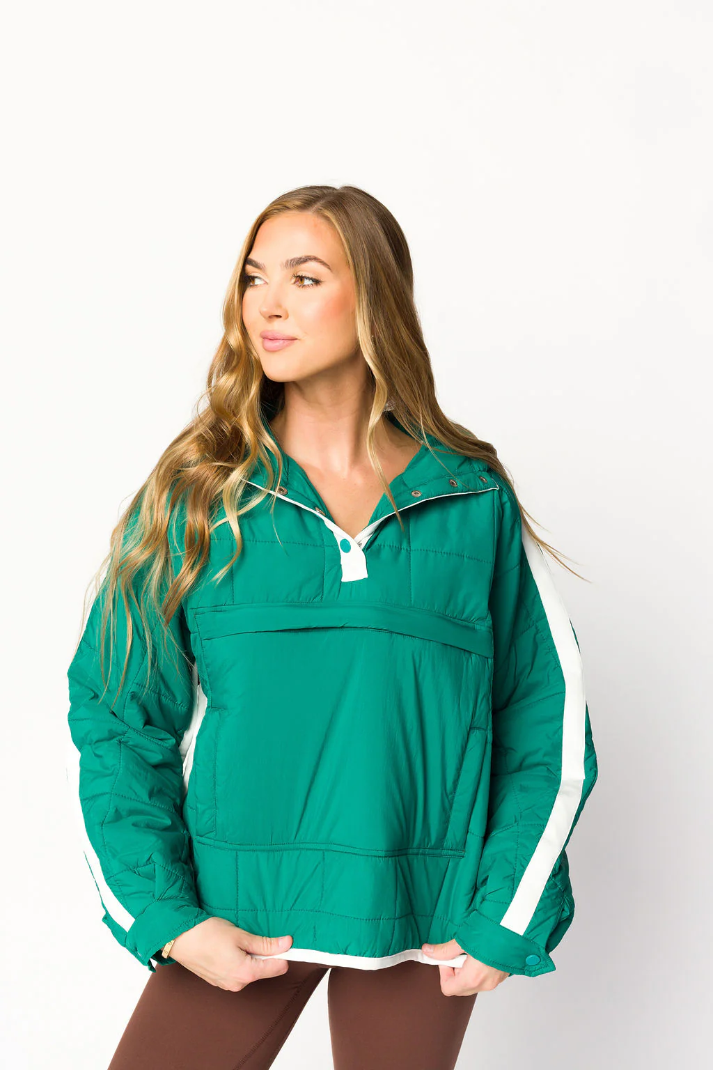 Joanna Quilted Puffer Pullover in Hunter Green/White - Directfux