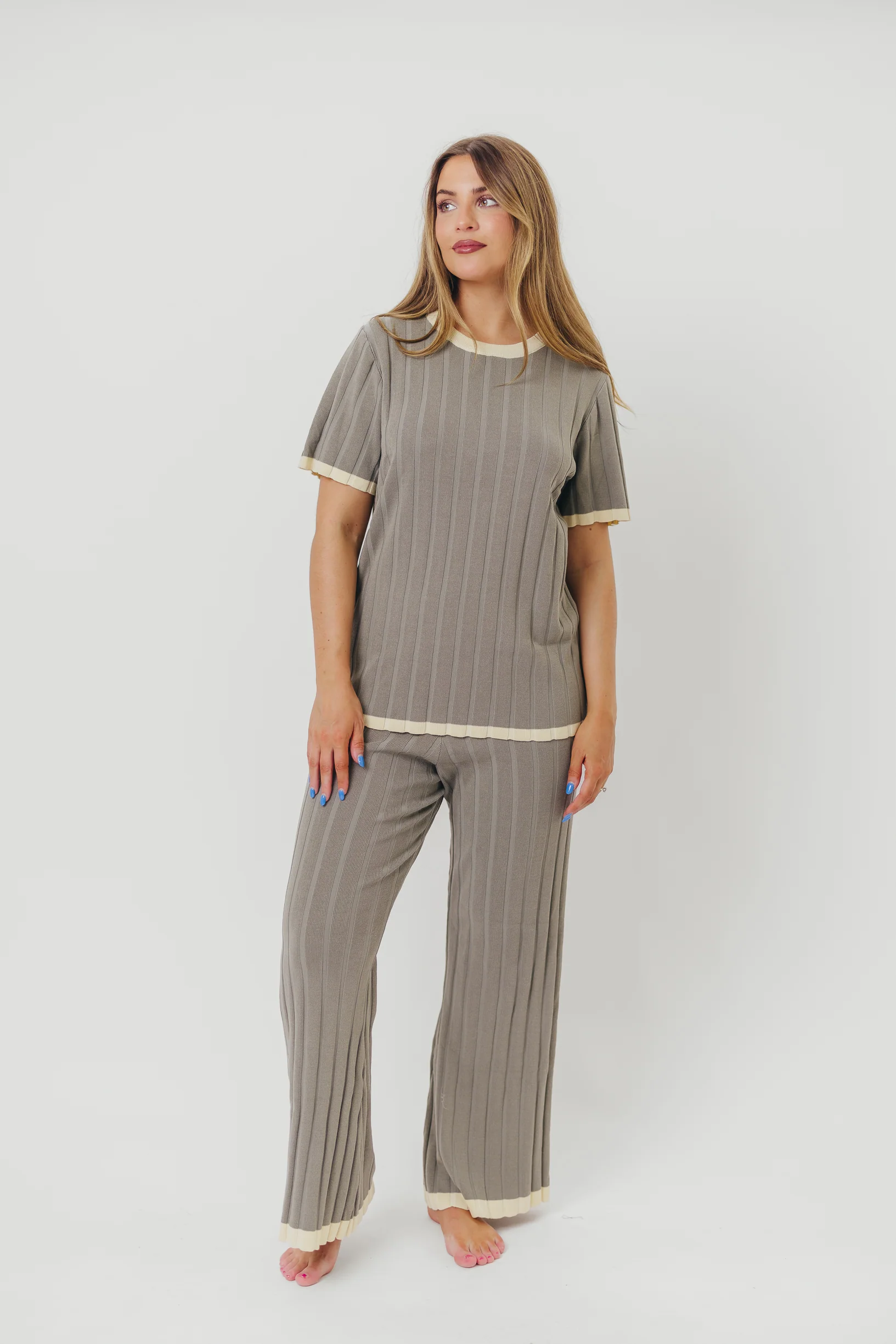 Adele Ribbed Knit Top and Pants Set in Dusty Olive - Directfux