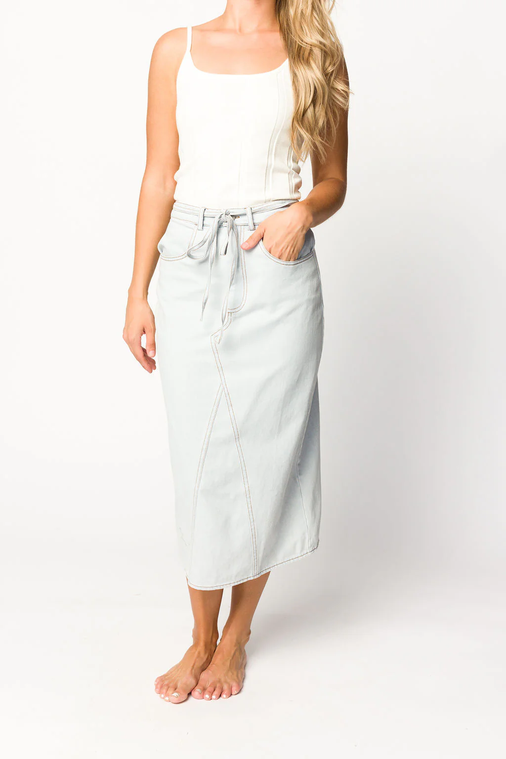 Ellie Light Washed Denim Midi Skirt in Light Denim - Directfux