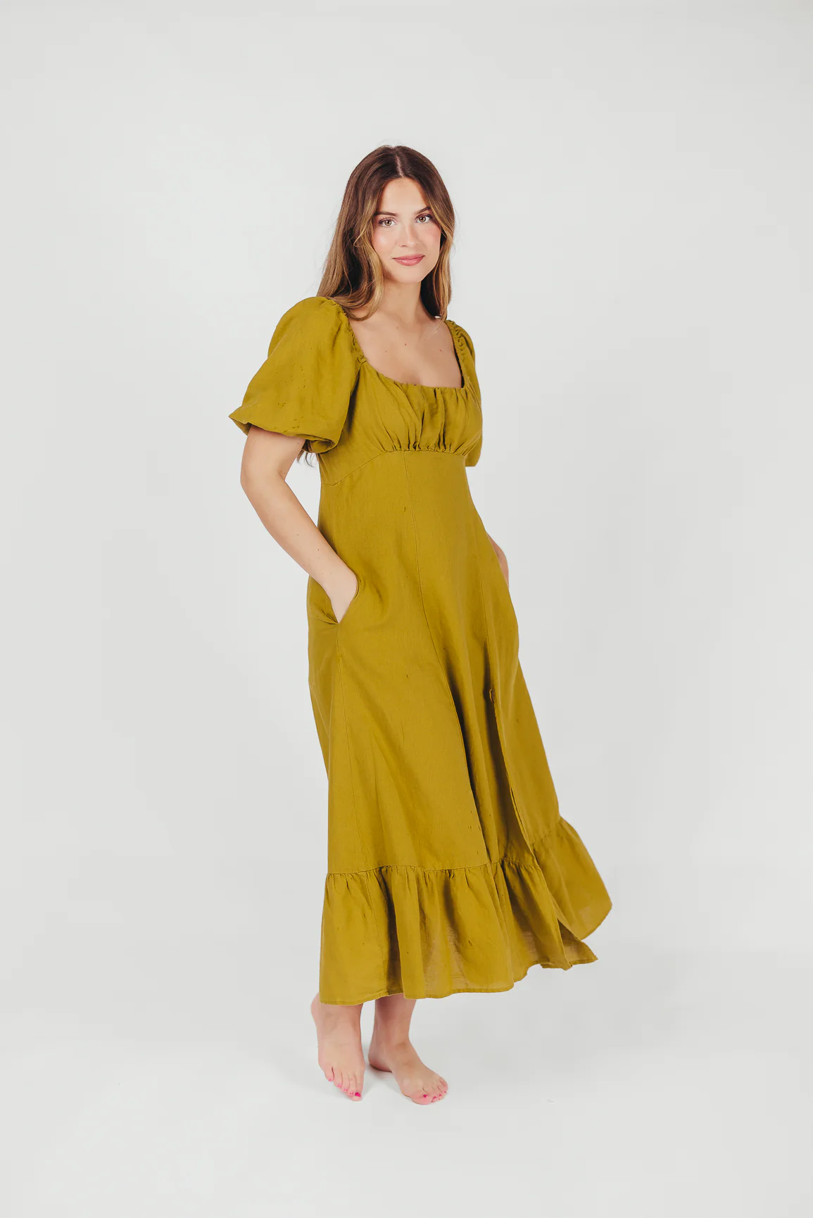 Beatrice Linen Fit-and-Flare Maxi Dress in Chartreuse - Directfux