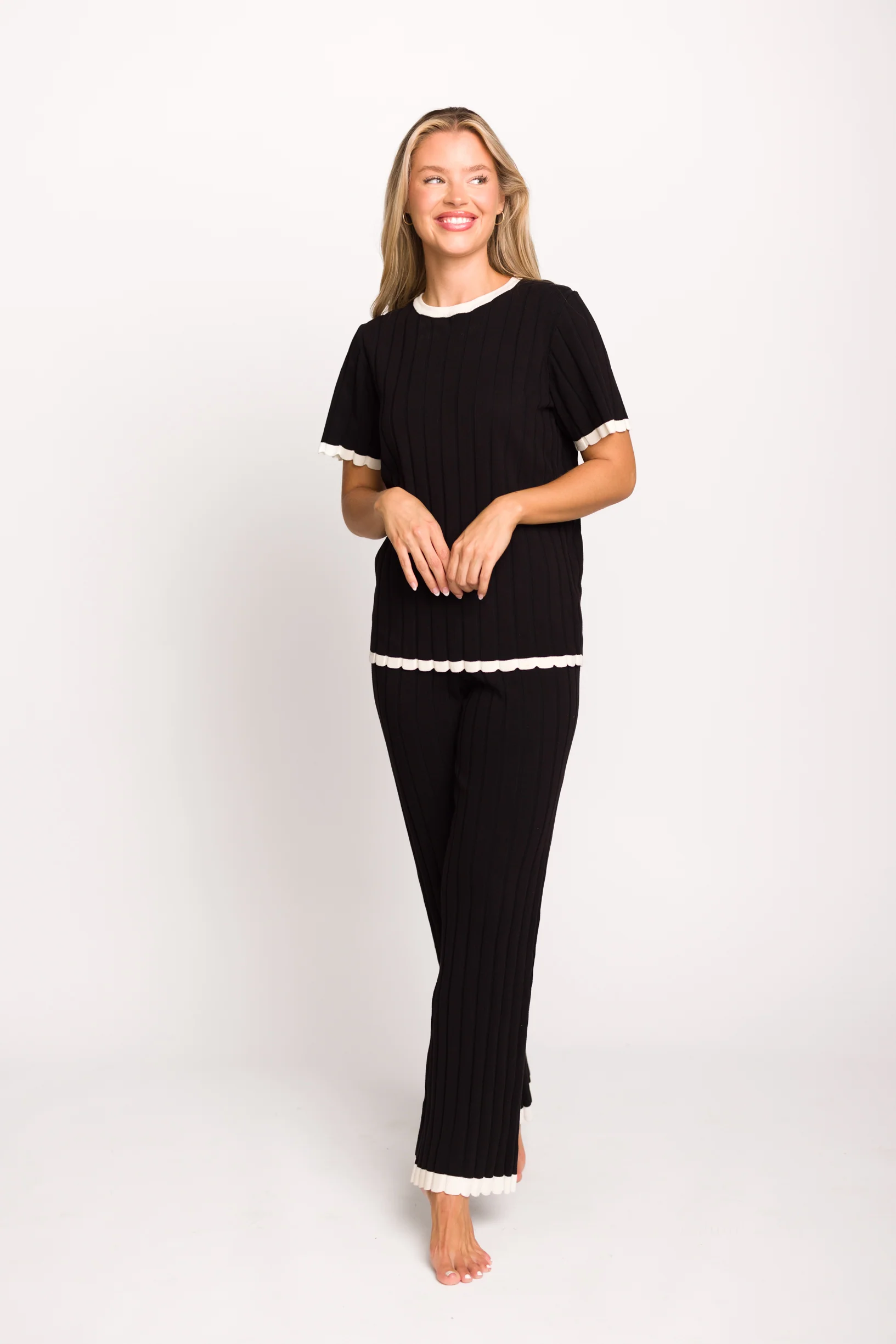 Adele Ribbed Knit Top and Pants Set in Black - Directfux