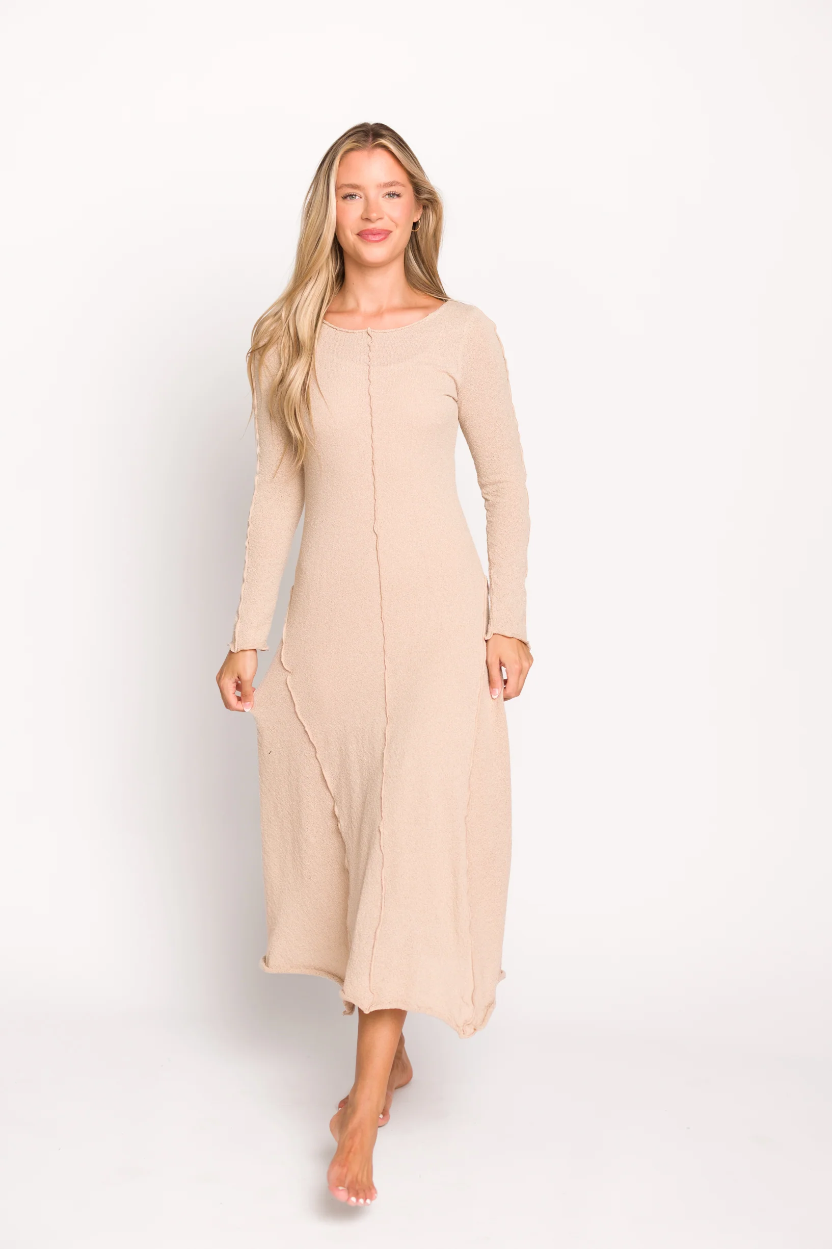 Selena Exposed Seam Midi Dress with Long Sleeves in Oatmeal (Lined) - Directfux
