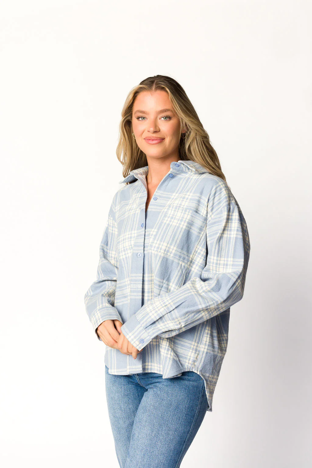 Gia Button-Down Shirt in Light Blue Plaid - Nursing Friendly - Directfux