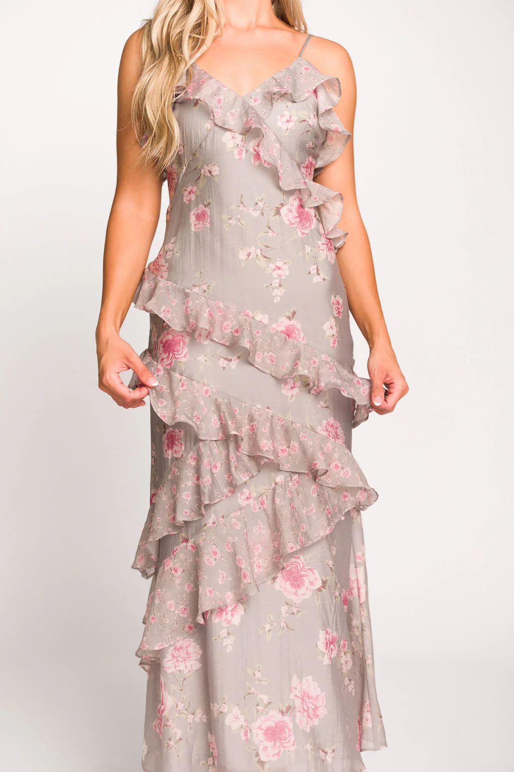 Amelia Ruffle Maxi Dress in Grey/Pink Floral - Directfux