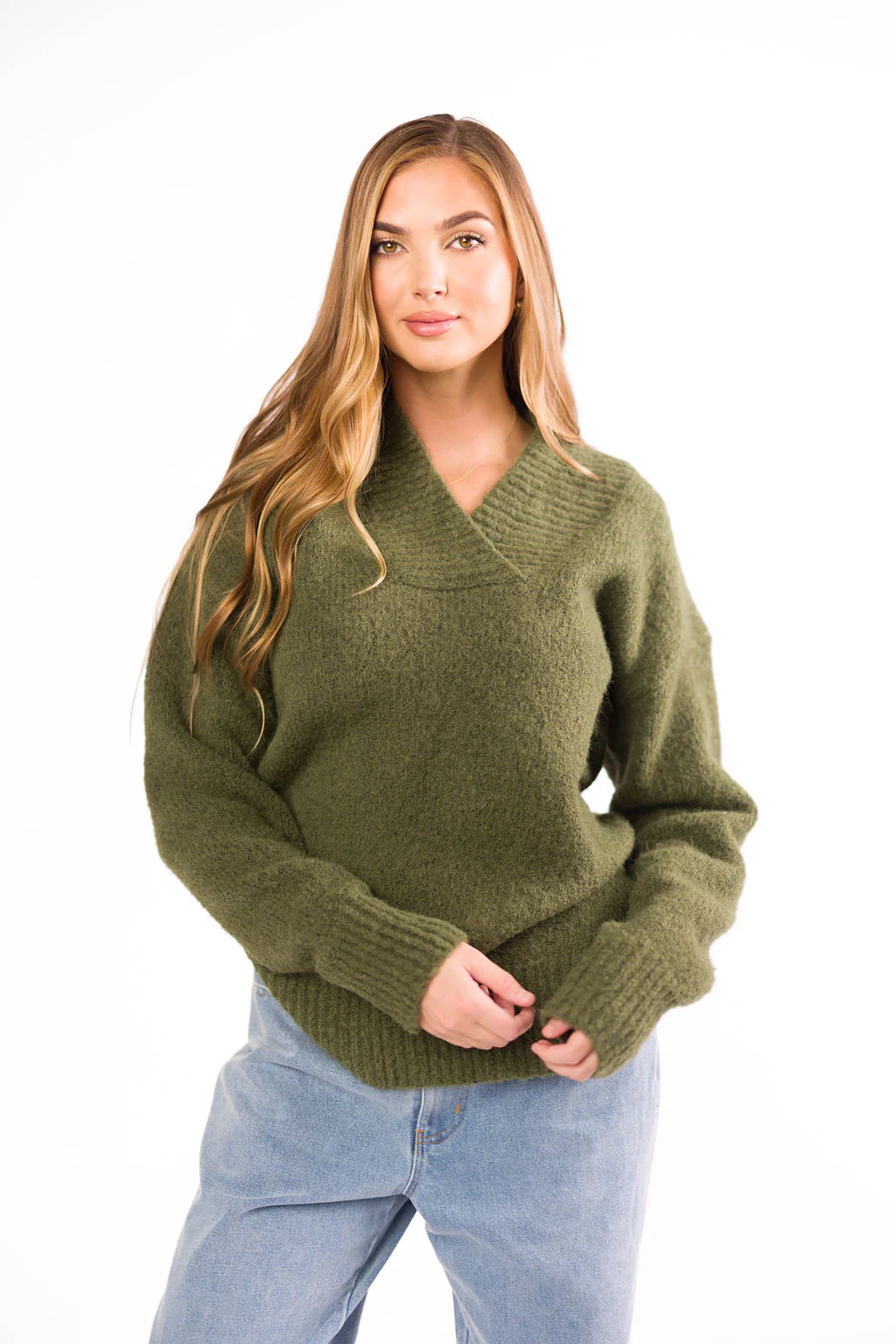Jordan V-Neck Slouchy Soft Knit Sweater in Olive - Directfux