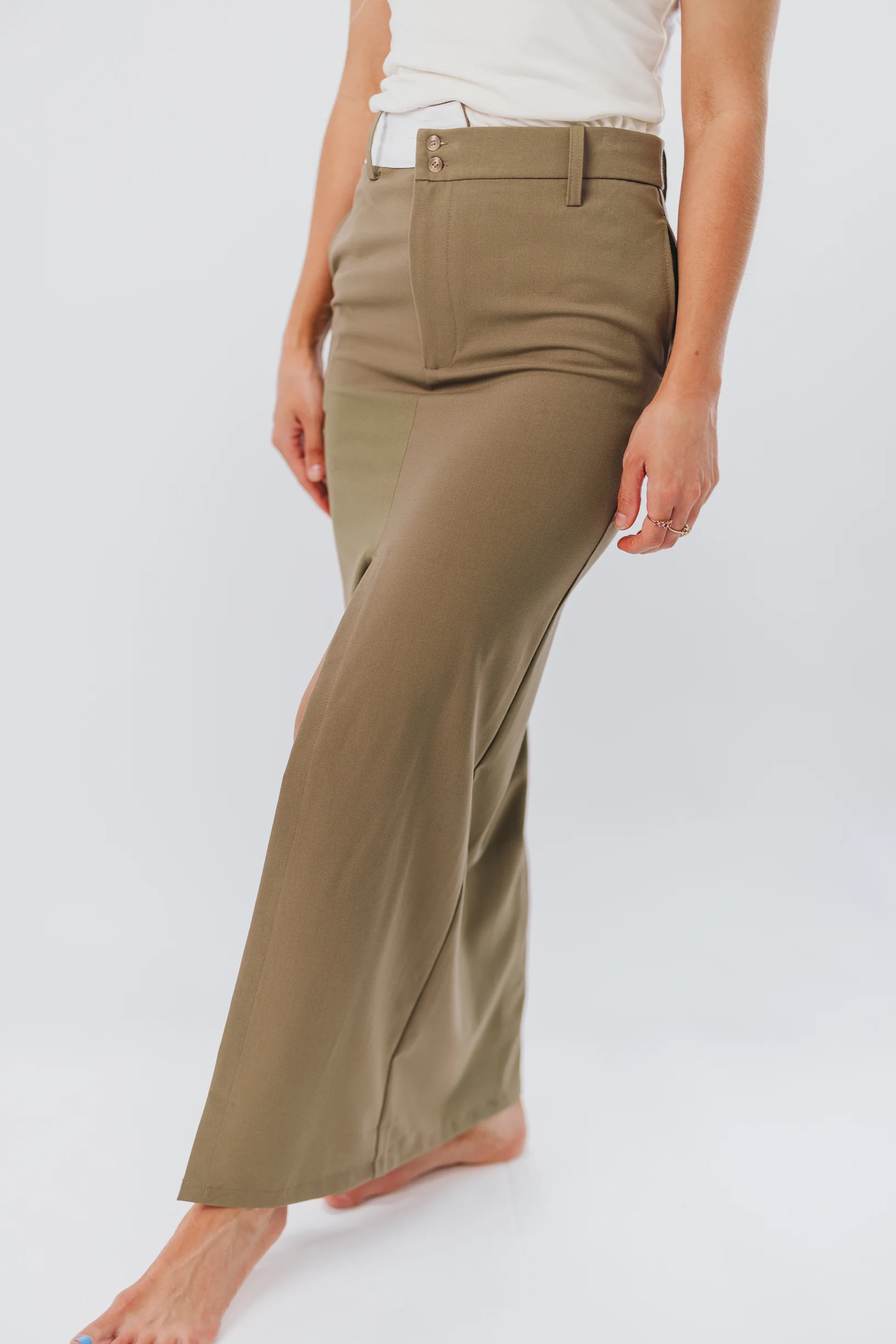 Colin Trouser Maxi Skirt with Contrast Band in Olive - Directfux