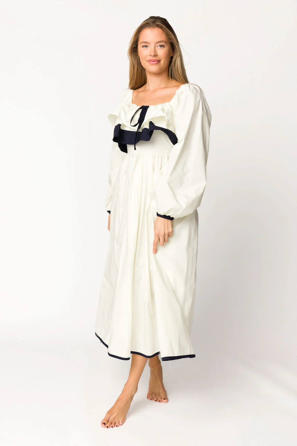 Megan Ruffle Long Sleeve Midi Dress in Cream/Navy - Directfux